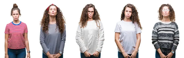 Collage Aus Jungen Brünetten Lockigen Haaren Mädchen Über Isoliertem Hintergrund — Stockfoto