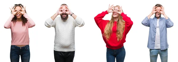 Collage Groupe Jeunes Sur Fond Blanc Isolé Faisant Geste Correct — Photo