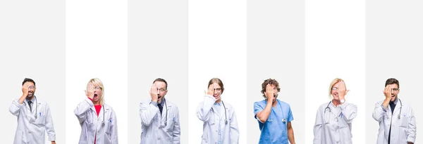 Collage Professional Doctors Stripes Isolated Background Covering One Eye Hand — Stock Photo, Image