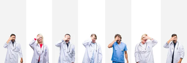 Collage Médicos Profesionales Sobre Rayas Fondo Aislado Asomándose Shock Cubriendo —  Fotos de Stock