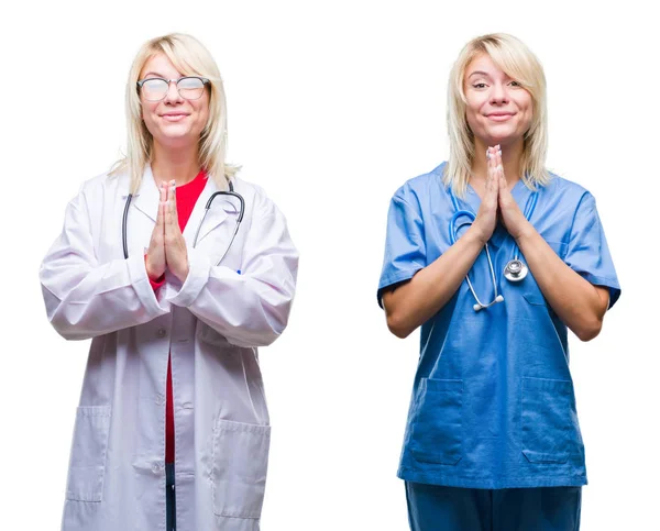 Collage Médecin Infirmière Femme Sur Fond Blanc Isolé Priant Avec — Photo