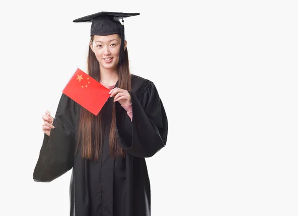 Joven Mujer China Con Uniforme Graduado Sosteniendo Bandera China Con —  Fotos de Stock