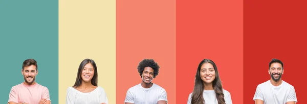 Collage Aus Verschiedenen Ethnien Junge Menschen Über Bunte Streifen Isoliert — Stockfoto