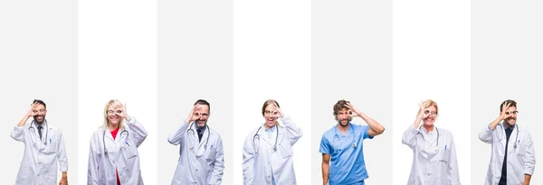 Collage Professional Doctors Stripes Isolated Background Doing Gesture Hand Smiling — Stock Photo, Image