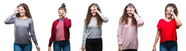 Collage Von Jungen Brünetten Lockigen Haaren Mädchen Über Isoliertem Hintergrund — Stockfoto