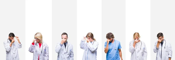 Collage Médicos Profesionales Sobre Rayas Aisladas Fondo Cansado Frotando Nariz —  Fotos de Stock