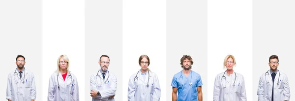 Collage Médicos Profesionales Sobre Rayas Aislado Fondo Relajado Con Expresión —  Fotos de Stock