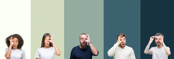 Collage Grupp Ungdomar Över Färgglada Isolerade Bakgrund Gör Gest Chockade — Stockfoto