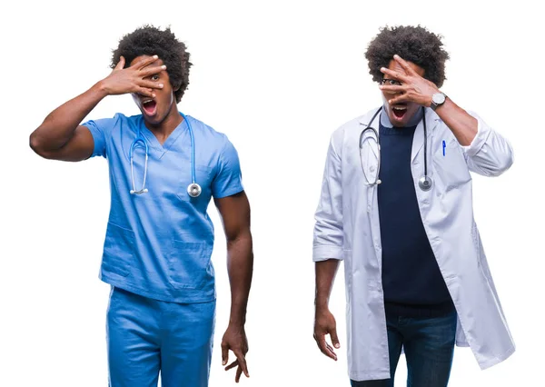 Collage Joven Cirujano Afroamericano Enfermero Médico Sobre Fondo Aislado Asomándose —  Fotos de Stock