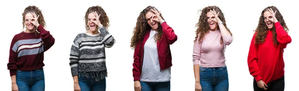 Colagem Jovem Morena Cabelo Encaracolado Menina Sobre Fundo Isolado Fazendo — Fotografia de Stock