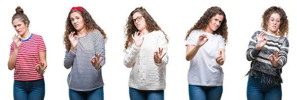 Collage Dziewczyna Młoda Brunetka Włosy Kręcone Białym Tle Oburzony Wyrażenie — Zdjęcie stockowe