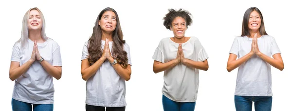 懇願するような非常に感情的なおよび心配の顔希望表現とともに手で祈って分離の背景に中国 アラブ アフリカ系アメリカ人の女性のグループのコラージュ 赦しを乞います 宗教概念 — ストック写真