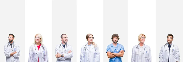 Collage Médicos Profesionales Sobre Rayas Fondo Aislado Sonriendo Mirando Lado —  Fotos de Stock