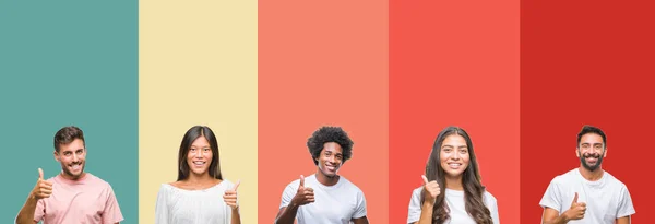 Collage Van Verschillende Etniciteit Jongeren Geïsoleerde Achtergrond Kleurrijke Strepen Gelukkig — Stockfoto