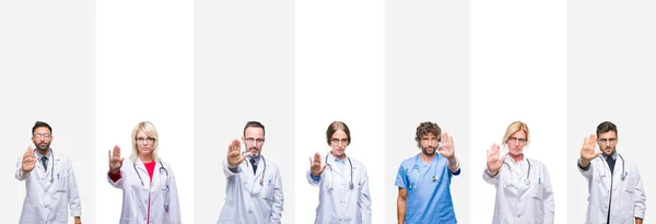 Collage Médicos Profesionales Sobre Rayas Fondo Aislado Haciendo Dejar Cantar —  Fotos de Stock