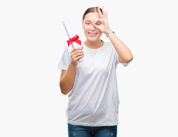 Mulher Branca Jovem Segurando Grau Sobre Fundo Isolado Com Rosto — Fotografia de Stock