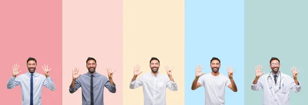 Colagem Homem Bonito Sobre Listras Coloridas Fundo Isolado Mostrando Apontando — Fotografia de Stock