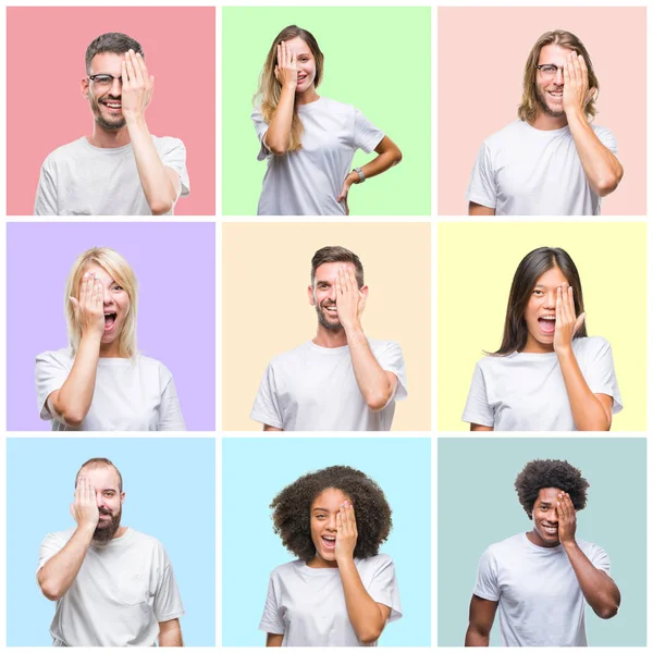 Collage Personas Del Grupo Mujeres Hombres Sobre Fondo Aislado Colorido —  Fotos de Stock