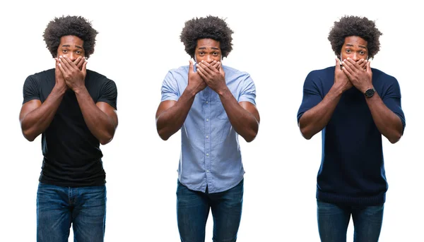 Colagem Afro Americano Jovem Bonito Sobre Fundo Isolado Chocado Cobrindo — Fotografia de Stock