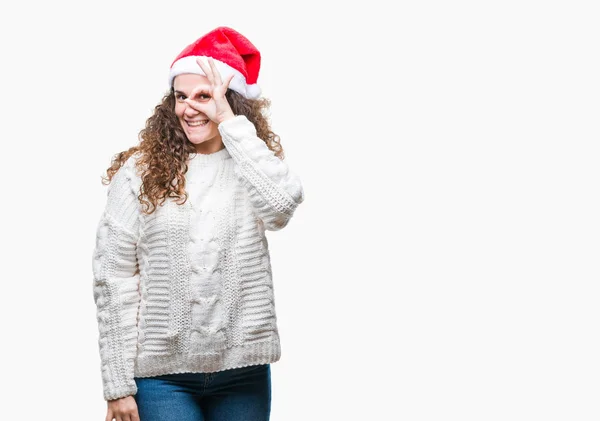 Chica Morena Joven Con Sombrero Navidad Sobre Fondo Aislado Haciendo — Foto de Stock