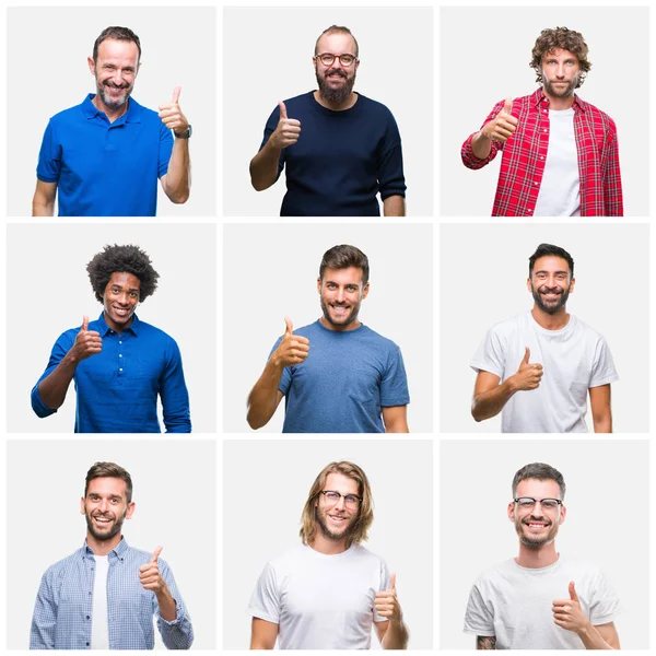 Collage Grupp Män Över Vit Isolerade Bakgrund Gör Glad Tummen — Stockfoto