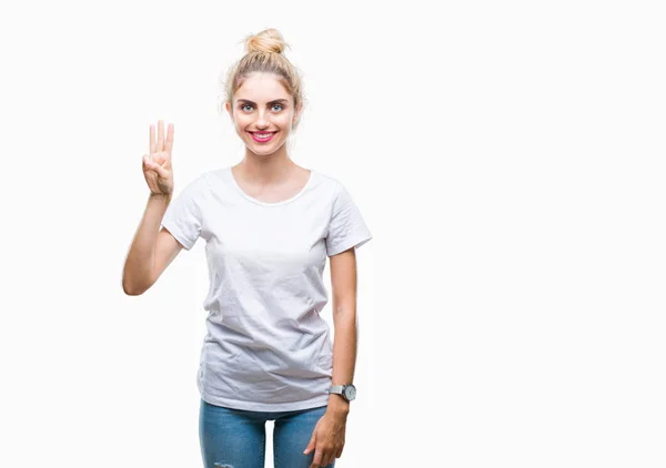 Jonge Mooie Blonde Vrouw Met Witte Shirt Geïsoleerde Achtergrond Weergeven — Stockfoto