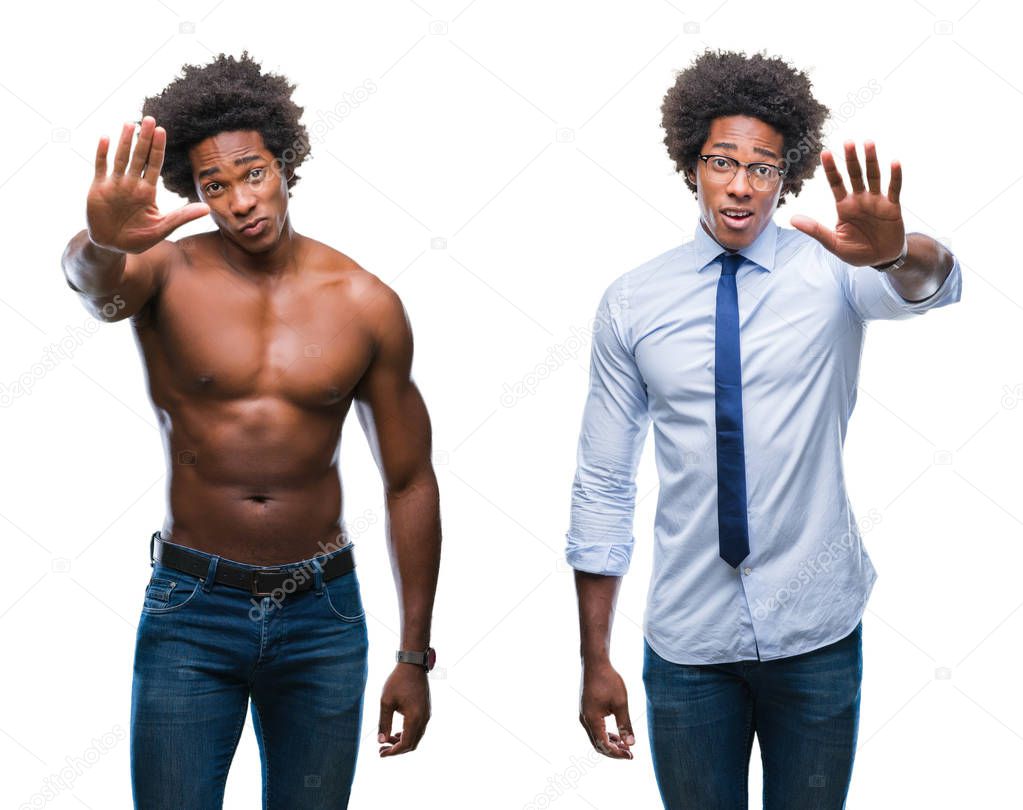Collage of african american shirtless and business man over isolated background doing stop sing with palm of the hand. Warning expression with negative and serious gesture on the face.