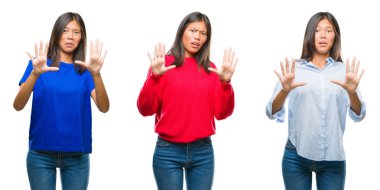 Kolaj bir şok içinde bağırarak beyaz izole arka plan korkuyor ve korku ifade dur hareketi el ile ile dehşete üzerinde duran Asya genç kadın. Panik kavramı.