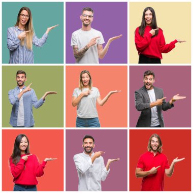 Kolaj grup insanlar, kadınlar ve erkekler hayran ve el ile sunulması ve parmak ile işaret ederken kameraya gülümseyen renkli izole arka plan üzerinde.