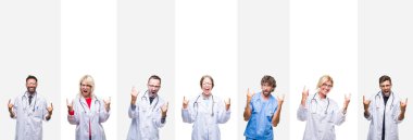 Deli ifade rock simge elle yapıyor ile bağırarak çizgili izole arka plan üzerinde profesyonel doktorlar kolaj. Müzik yıldızı. Ağır kavramı.