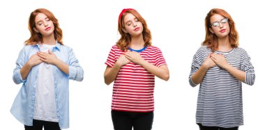 Kolaj üzerinde izole arka plan ile gülümseyen genç güzel kızıl saçlı kadının göğüs kapalı gözler ve yüzünde minnettar jest ile eller. Sağlık kavramı.