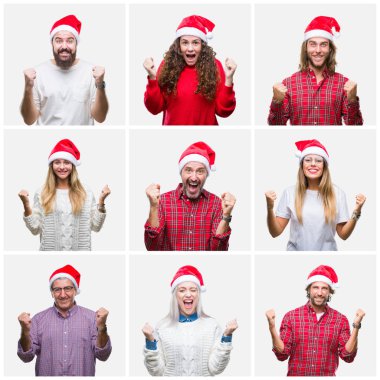 Collage of group of people wearing chrismast hat over isolated background celebrating surprised and amazed for success with arms raised and open eyes. Winner concept. clipart