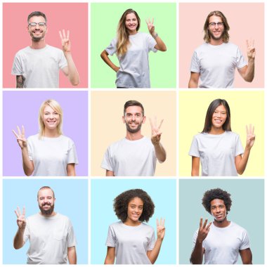 Kolaj grup insanlar, kadınlar ve erkekler gösterilen ve parmakları ile işaret renkli izole arka plan üzerinde üçüncü ise kendinden emin ve mutlu gülümseyerek.