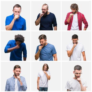 Kolaj bir grup adam beyaz üzerinde soğuk veya bronşit için arka plan duygu hasta ve semptom olarak öksürük izole. Sağlık kavramı.