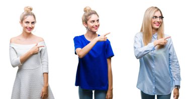 İzole arka neşeli genç güzel sarışın kadın kolaj bir gülümseme ile el ve parmak kadar kameraya bakarak yüzündeki mutlu ve doğal ifade ile yan ile işaret eden yüz.