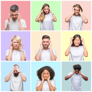 Çünkü kolaj grup insanlar, kadın ve erkek üzerinde renkli arka plan baş baş ağrısı için el ile izole stres. Migren muzdarip.