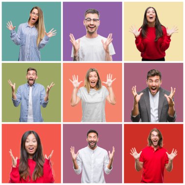 Kolaj grup insanlar, kadın ve erkek deli ve çığlık kaldırdı ve açık gözleri heyecanlı silah ile başarı için hayran renkli izole arka plan kutluyor üzerinde. Kazanan kavramı