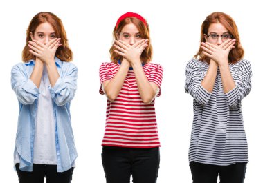 Genç güzel kızıl saçlı kadın izole arka plan ağız hata için elleriyle kapsayan şok yüzünden kolaj. Gizli kavramı.