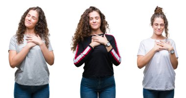 Esmer kıvırcık saçlı kız ile gülümseyen izole arka plan üzerinde kapalı gözler ve yüzünde minnettar jest ile göğüs üzerinde eller genç kolaj. Sağlık kavramı.