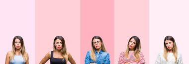 Pembe çizgili genç güzel kadın kolaj arka yüzünde ciddi bir ifade ile izole. Basit ve doğal kameraya bakıyor.