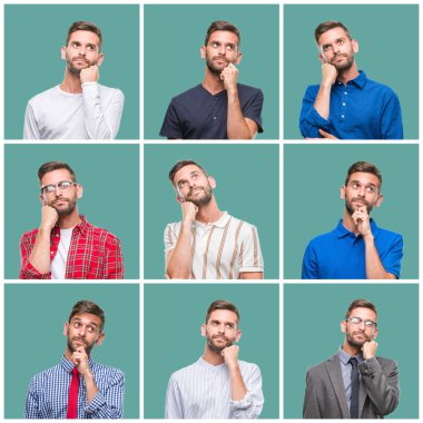 Kolaj yakışıklı delikanlı üzerinde yeşil bir arka plan çene düşünme hakkında soru, dalgın ifade üzerine el ile izole. Düşünceli yüzüyle gülümsüyor. Şüphe kavramı.