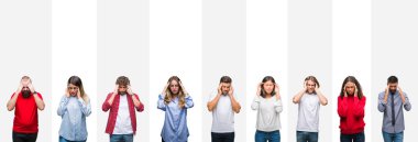 Farklı etnik genç insanlar üzerinde beyaz çizgili kolaj izole arka plan baş baş ağrısı için el ile çünkü stres. Migren muzdarip.