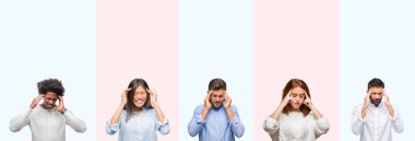 Kolaj üzerinde renkli gençlerin grup izole arka plan baş baş ağrısı için el ile çünkü stres. Migren muzdarip.