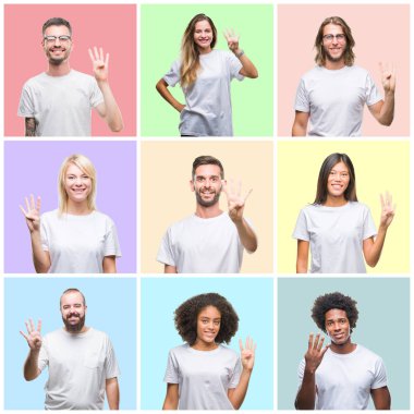 Kolaj grup insanlar, kadınlar ve erkekler gösterilen ve parmakları ile işaret renkli izole arka plan üzerinde dört kendinden emin ve mutlu gülümseyerek iken numara.