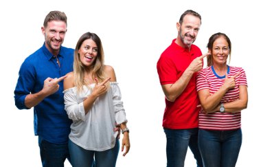 Genç ve olgun iki izole arka neşeli aşk içinde kolaj bir gülümseme ile el ve parmak kadar yan yüzünde mutlu ve doğal ifade ile işaret eden yüz