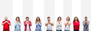 Genç insanlar izole beyaz şeritler üzerinde arka plan bağırarak ve çünkü boğmak farklı etnik kolaj acı kendi ellerimle öldürürüm. Sağlık sorunu. Yaralarından ve intihar kavramı.