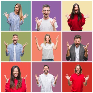 Kolaj grup insanlar, kadın ve erkek renkli izole arka plan kutluyor kızgın ve çığlık kaldırdı ve kapalı gözleri heyecanlı silah ile başarı için deli üzerinde. Kazanan kavramı