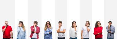 Kolaj farklı etnik genç insanlar stresli ve gergin ile beyaz çizgili izole arka plan üzerinde bir tırnak ısırma dudaklarından eller. Anksiyete sorunu.