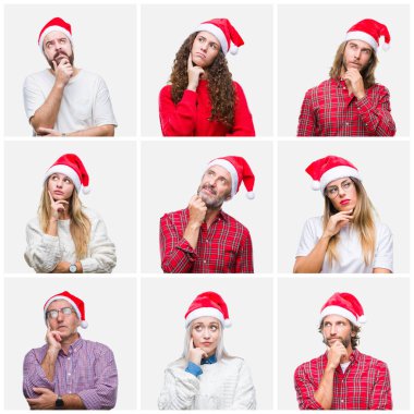 Collage of group of people wearing chrismast hat over isolated background with hand on chin thinking about question, pensive expression. Smiling with thoughtful face. Doubt concept. clipart