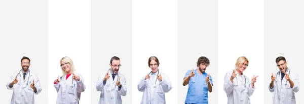 Collage Von Professionellen Ärzten Über Streifen Isolierten Hintergrund Zeigt Finger — Stockfoto